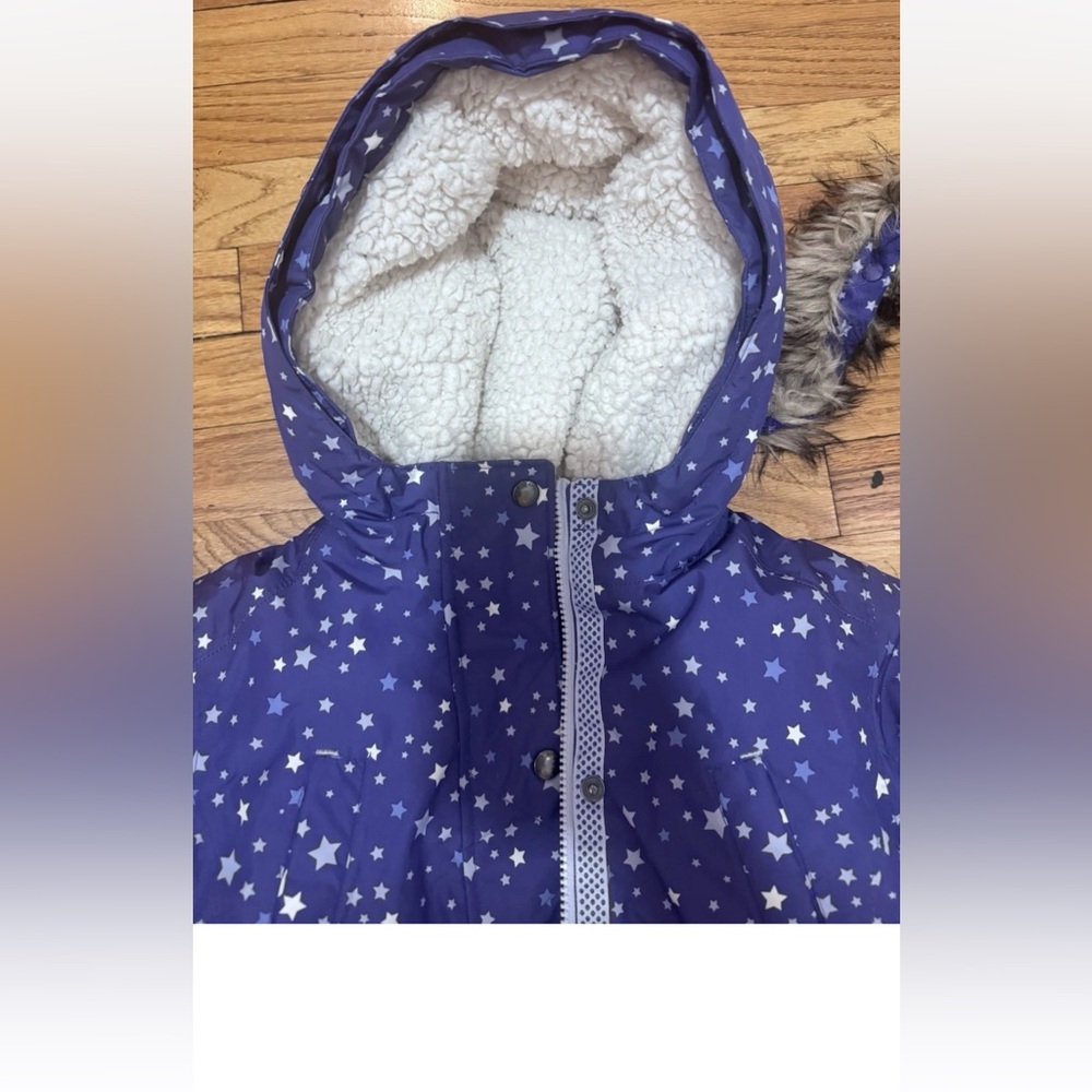 LANDS END GIRLS DOWN WINTER JACKET Sz S 7-8 Hooded Purple Stars - Picture 2 of 9